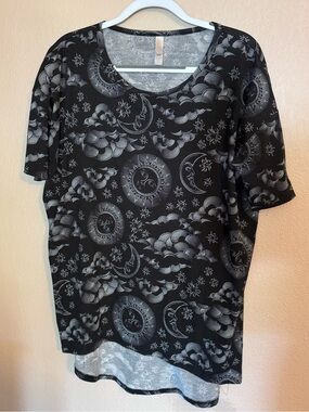 LuLaRoe Black Tee with Silver Moon, Sun & Cloud Print